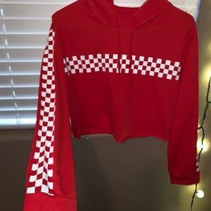 red, hooded, cropped, checkerboard sweatshirt